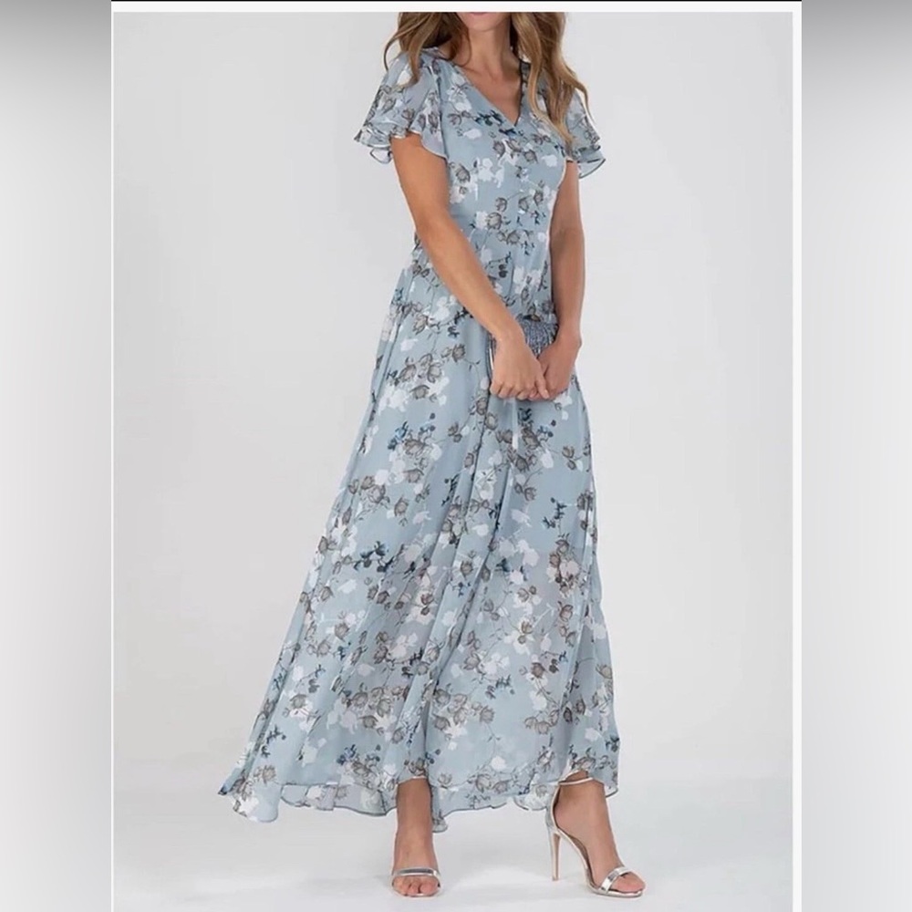 Light Blue Floral Maxi Dress with Flutter Sleeves